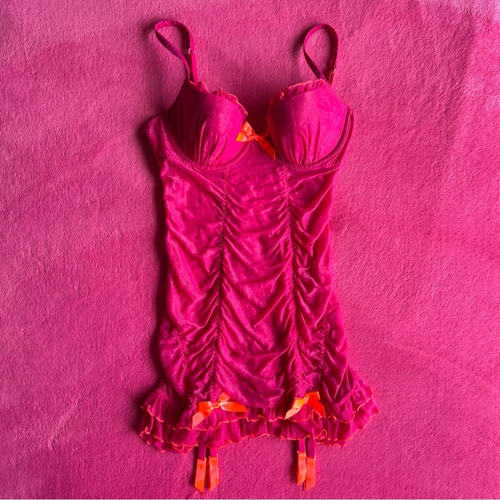 Victorias Secret 2010 Hot Pink Ruched Mesh With Neon Orange Bows Bustier Sz 34C
